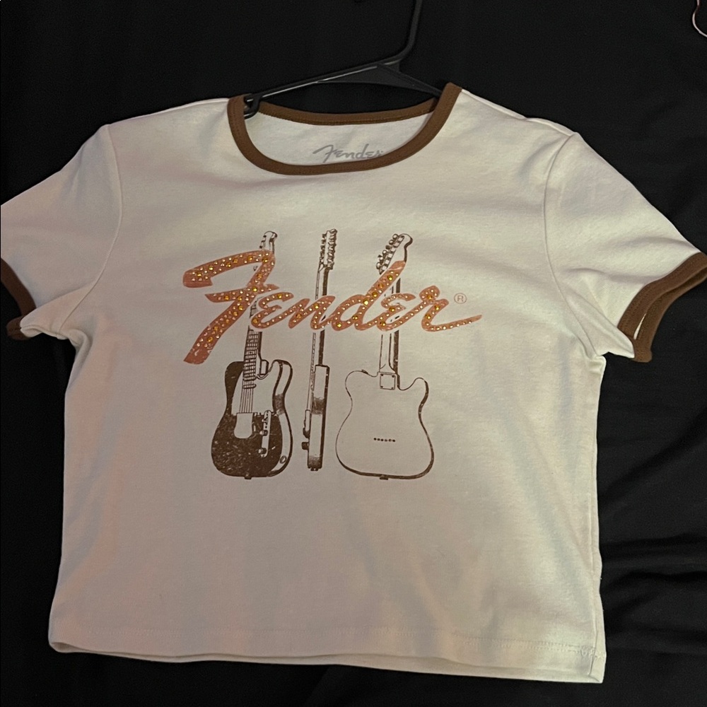 Fender White Tee with Brown Guitar Design